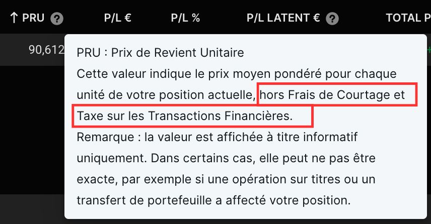 La manière dont Degiro calcule le PRU. La plateforme ne tient pas compte des frais de courtage et du TTF.