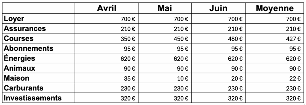 tableau bilant financier permettant d'afficher les dépenses de chaque mois et la moyenne pour gérer son argent.